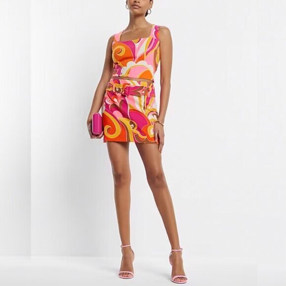 NWT Express High Waisted Retro Paisley Belted Mini Skirt - Picture 6 of 10